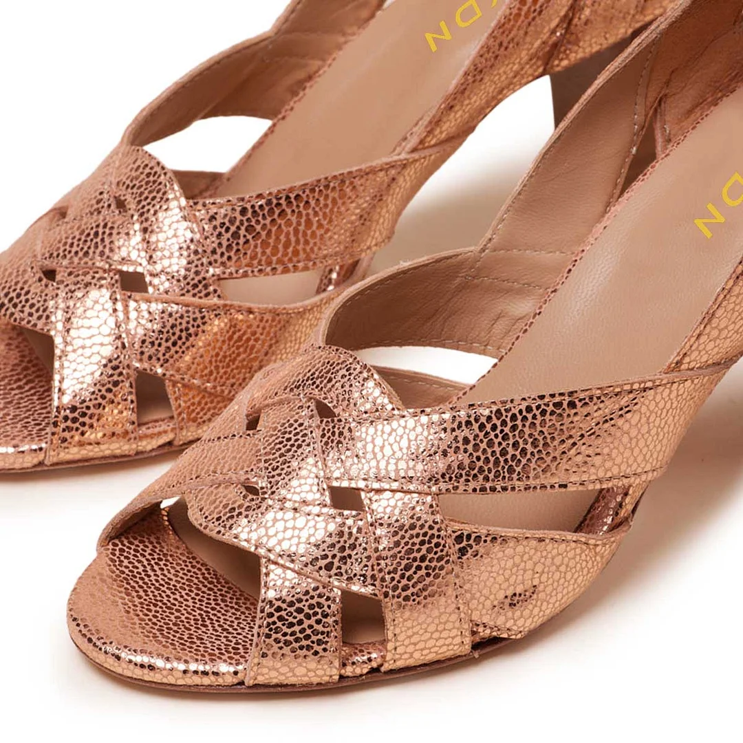 Women's Bronze Vegan Leather Metallic Touch woven Inlay Party Heels