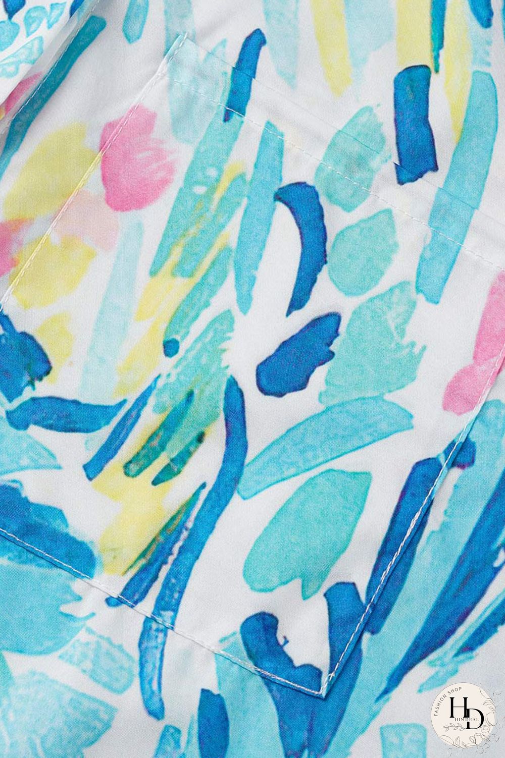 Sky Blue Casual Print Patchwork Buckle Turndown Collar Tops