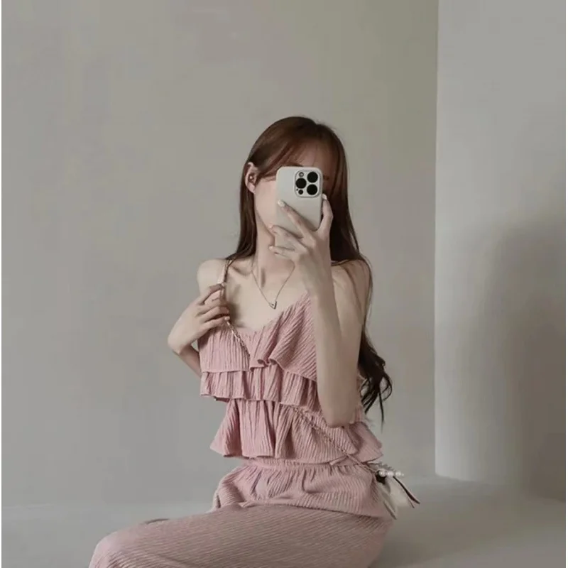 Ueong Version Of Summer Sling Suit Vertical Collar Lace Pleated Blouse Tea Is A Complete Set Of Elastic Wide-Leg Trousers