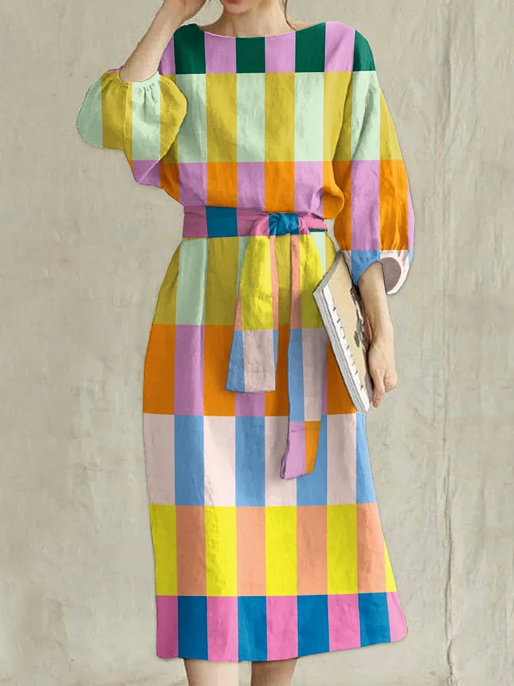 Modern Graffiti Stripe Print Midi High Waist Tie Round Neck Dress