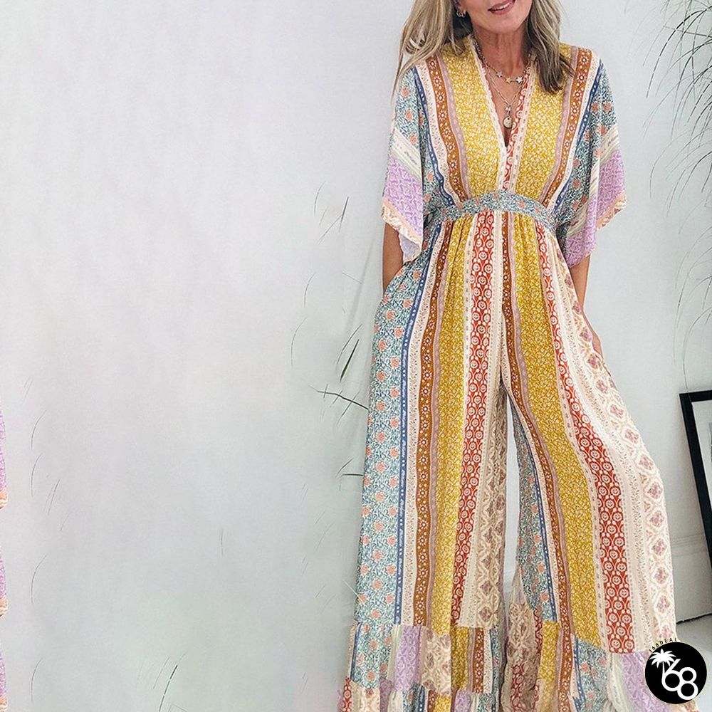 Yellow V-Neck Short Sleeve Jumpsuit | 168DEAL