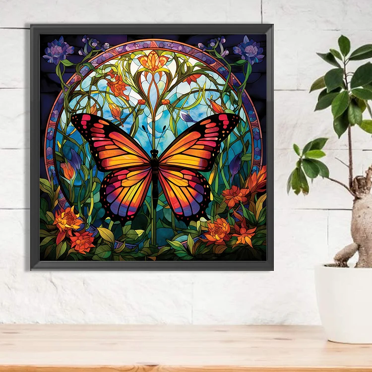 Round Plate Glass Painting Butterfly 30*30cm(canvas) full round