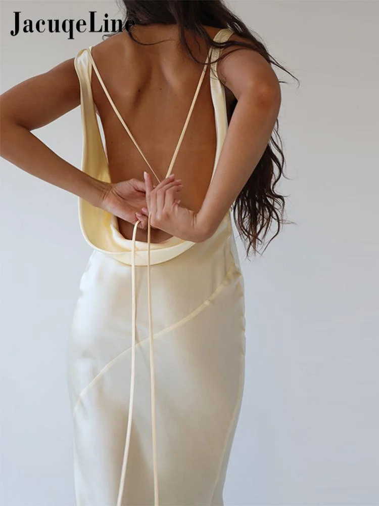 Jacqueline 2022 Sexy Backless Satin Long Bodycon Dress Women Swinging Sleeveless Bandage Elegant Maxi Summer Dresses Club Party