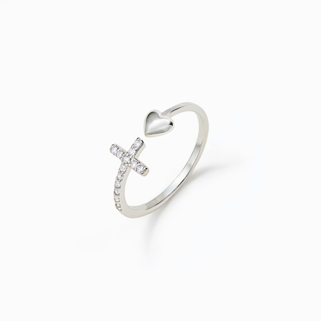 Cross Ring with Heart Faith Open Ring "Faith Over Fear"