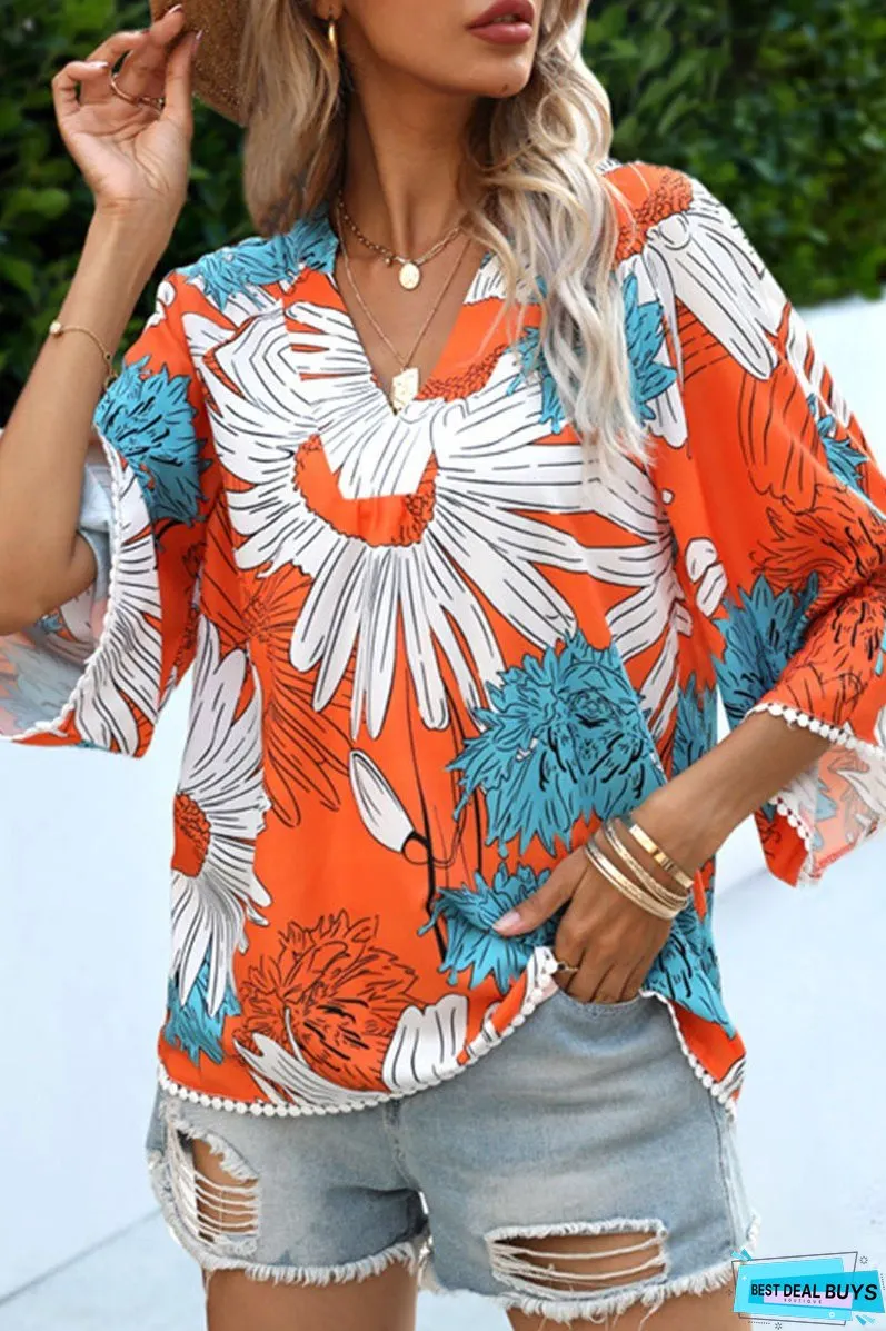 Fashion Casual Print Split Joint V Neck Tops