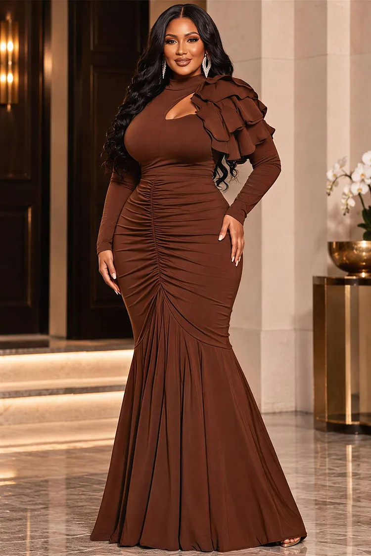 Xpluswear Design Plus Size Formal Brown Stand-Up Collar Long Sleeve Ruffle Fold Knitted Maxi Dresses [Pre-Order] 2024 - Xpluswear