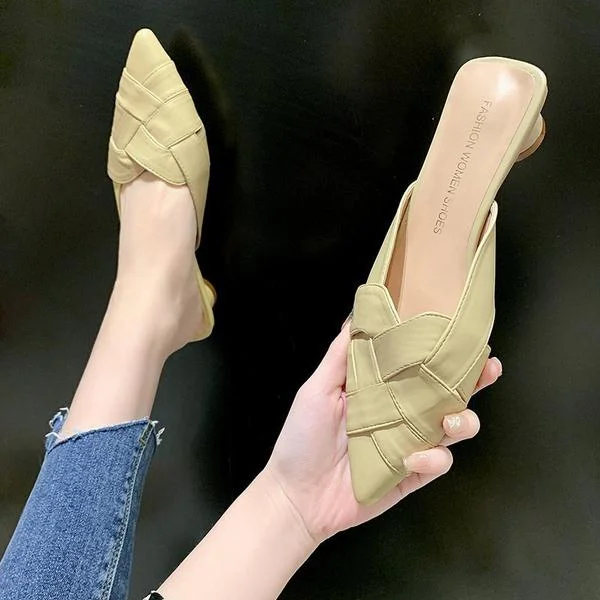 Qjong Woman 2022 Shallow Slippers Summer Female Mule Loafers Pantofle Cover Toe Luxury Slides Square heel Low Mules New Pointed