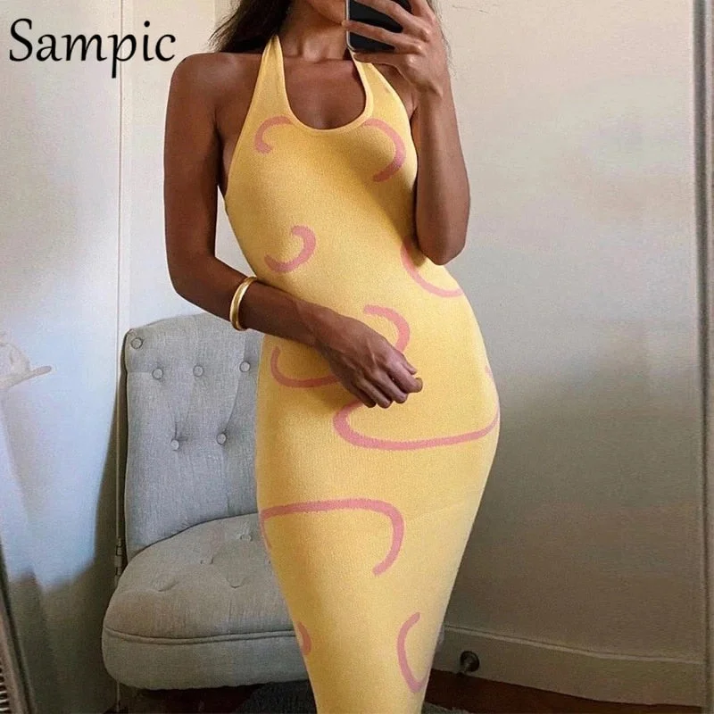 Sampic Casual Women Knitted Sweat Summer Beach 2021 Halter Midi Bodycon Dress Fashion Wrap Party Club Yellow Print Dress