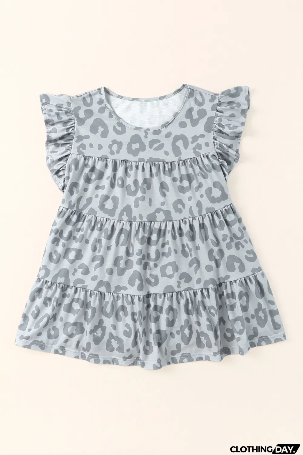 Gray Leopard Print Flutter Sleeve Tiered Tank Top