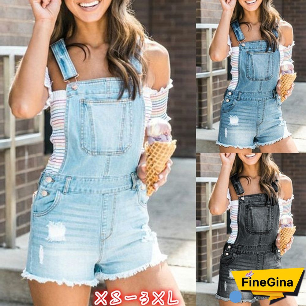 Women Fashion Denim Jumpsuit Summer Solid Color Ripped Jeans Romper Shorts Female Raw Edge Hem Trendy Overalls Denim Bib Pants Plus Size XS-3XL