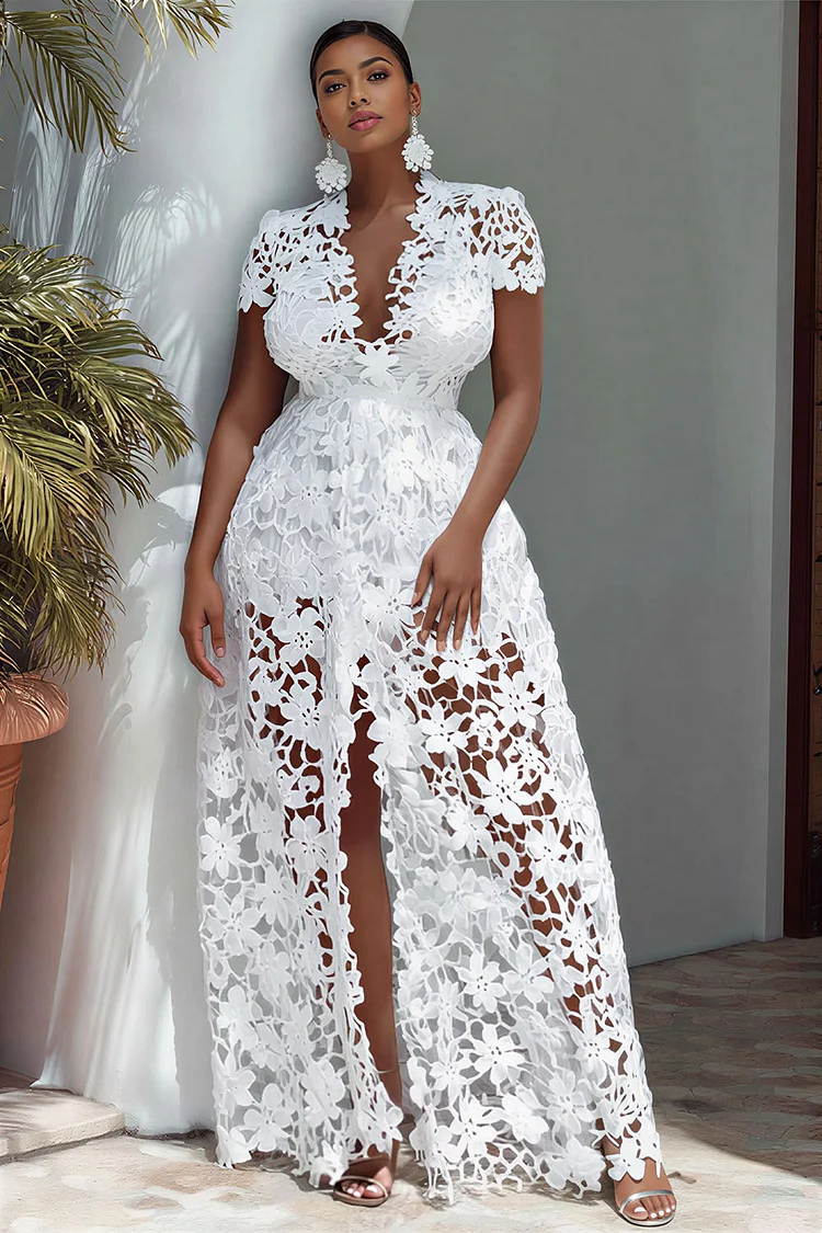 Xpluswear Design Plus Size Vacation White V Neck Short Sleeve Split See Through Maxi Dresses [Pre-Order] 2024 - Xpluswear