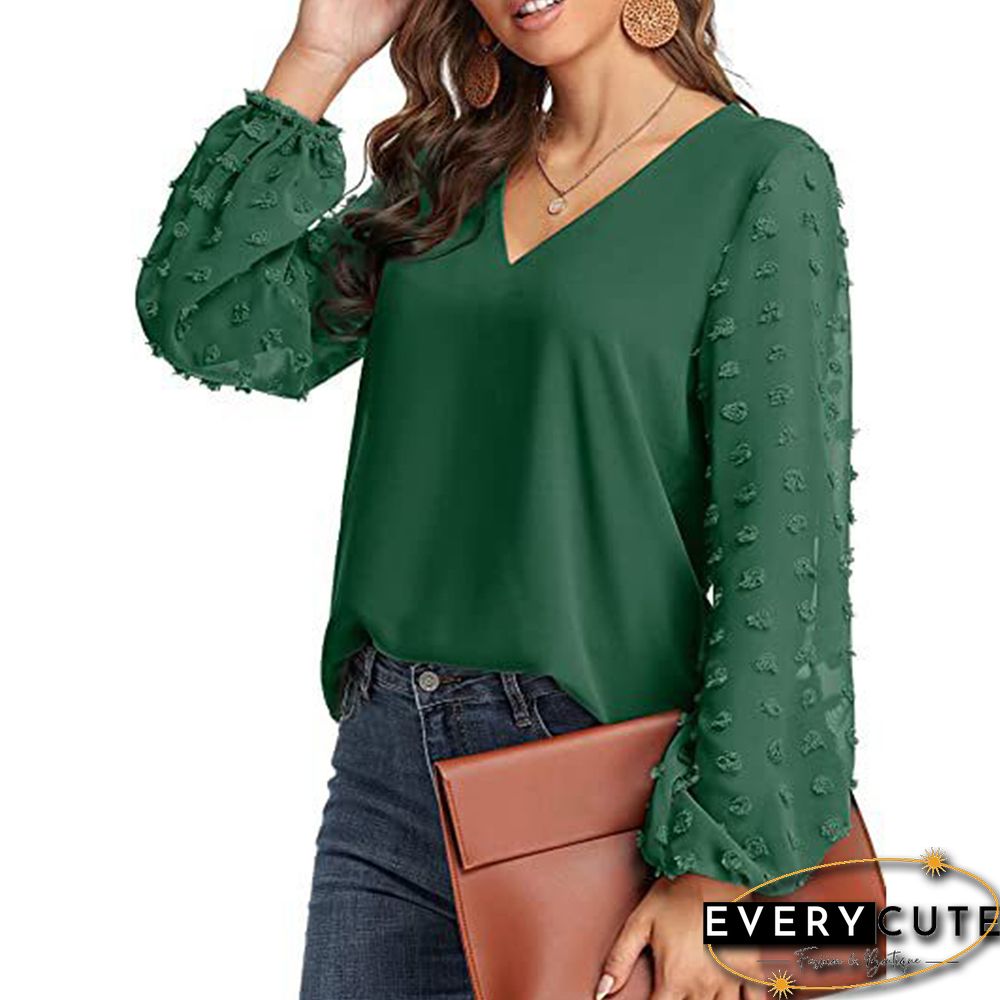 Green V Neck Splicing Swiss Dot Long Sleeve Blouse
