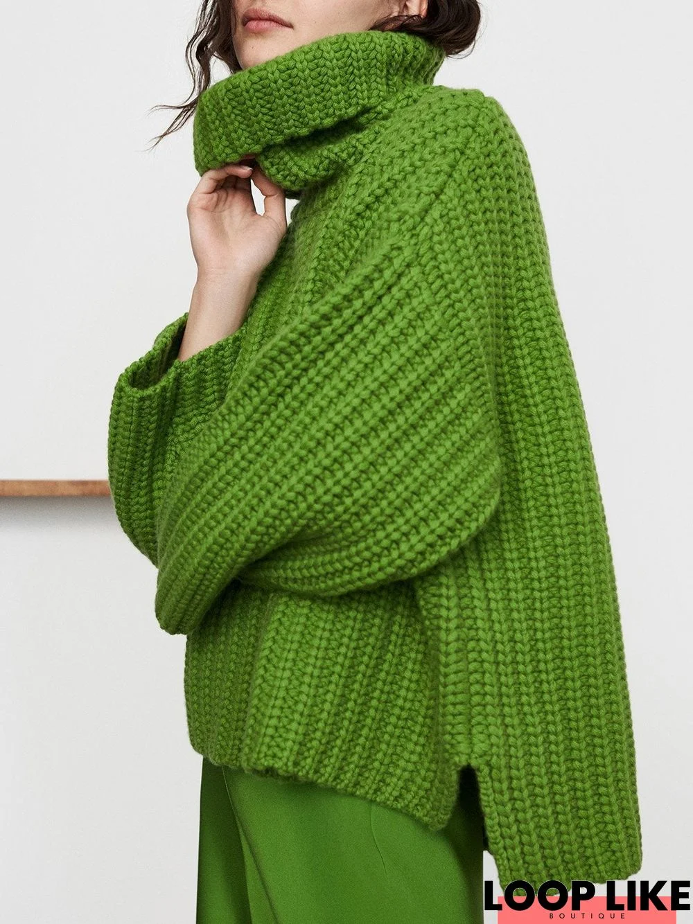 Green Turtleneck Knitted Casual Solid Sweater