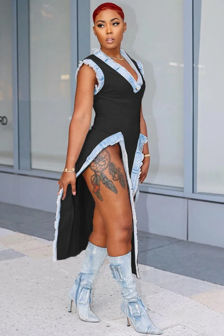 Raw Edge Denim Patchwork V Neck High Slit Sleeveless Midi Dresses-Black