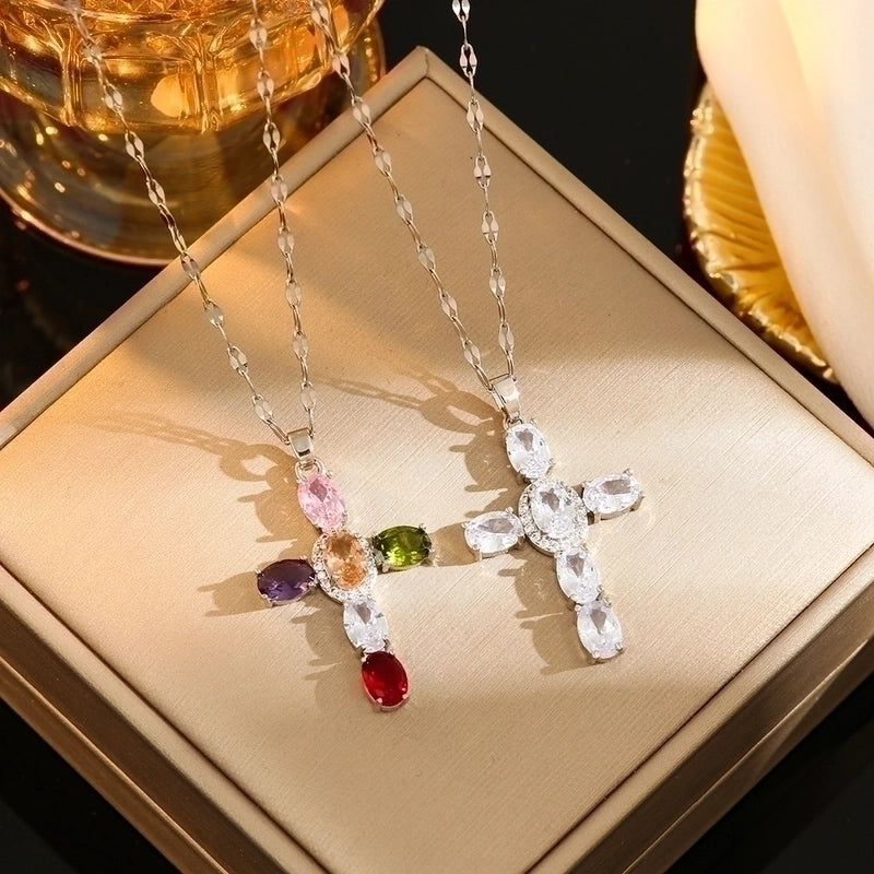 Classic Style Cross Titanium Steel Plating Inlay Rhinestones Zircon Gold Plated Silver Plated Pendant Necklace