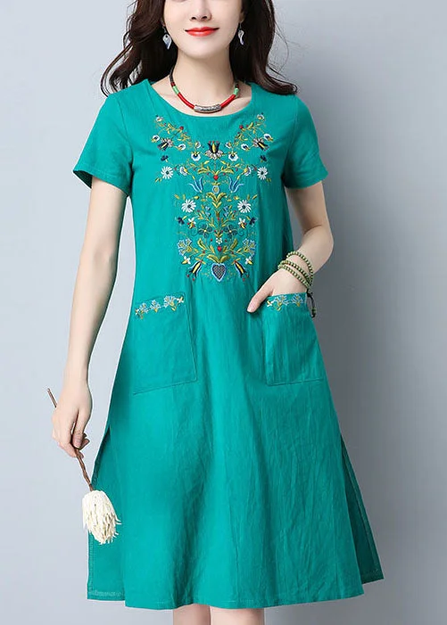 Women Green O-Neck Side Open Embroidered Pockets Cotton Dresses Short Sleeve