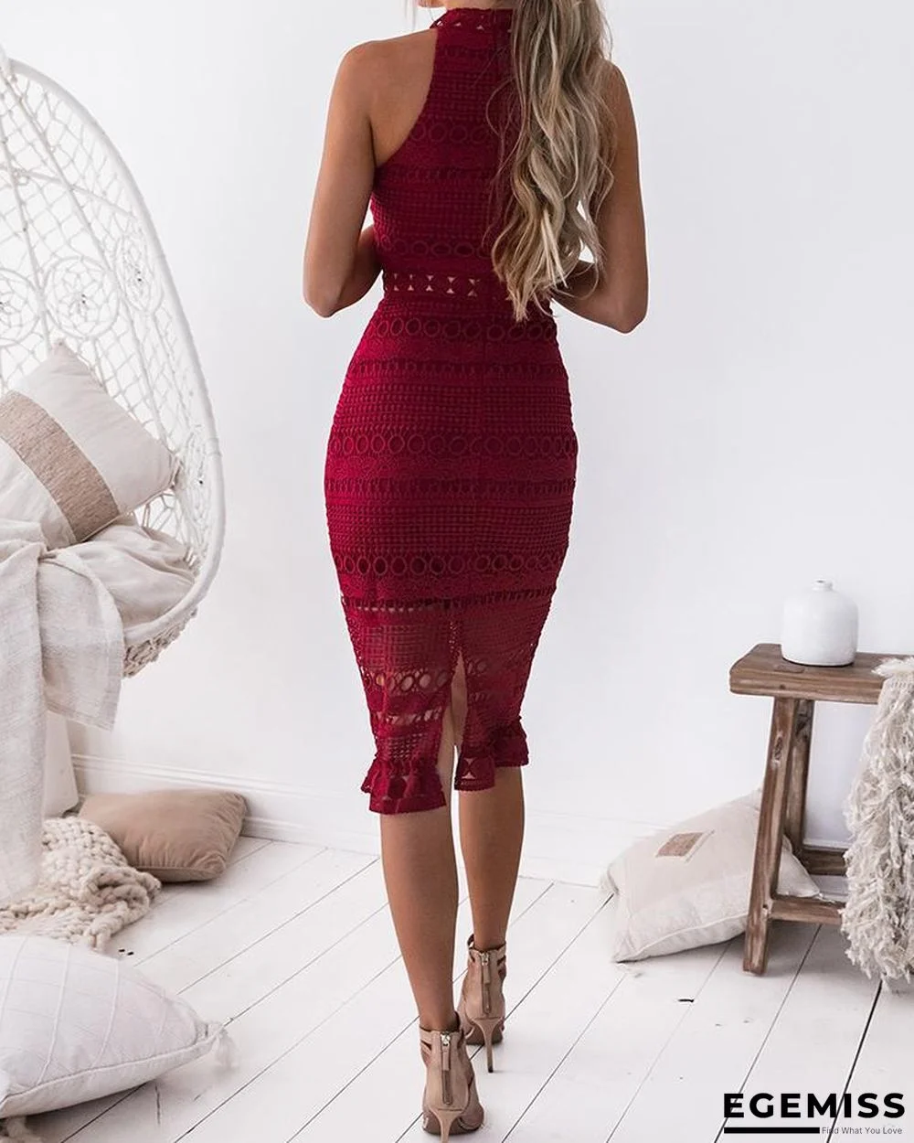 Halter Hollow Out Crochet Back Slit Midi Dress | EGEMISS