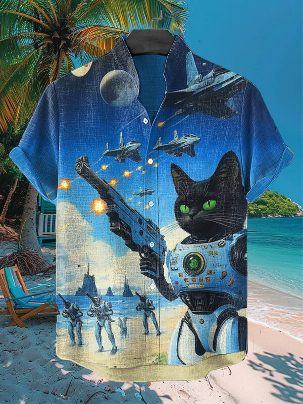 Men's Black Cat Robots Sci-Fi War Print Short Sleeve Shirt