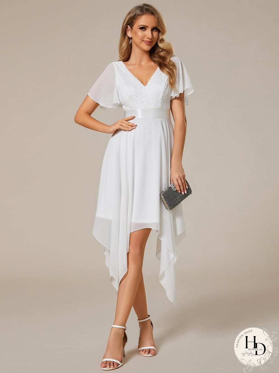 V-Neck Asymmetrical Dress with Short Sleeves