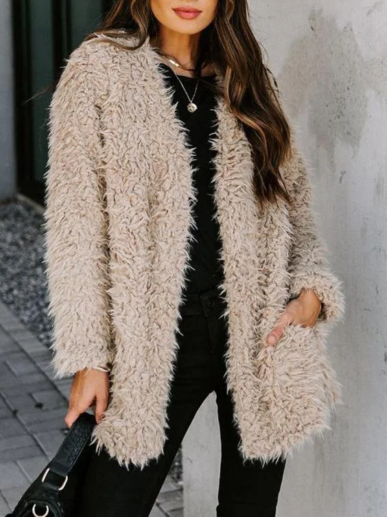 Solid Long Sleeve Woolen Fleece Pocket Coat