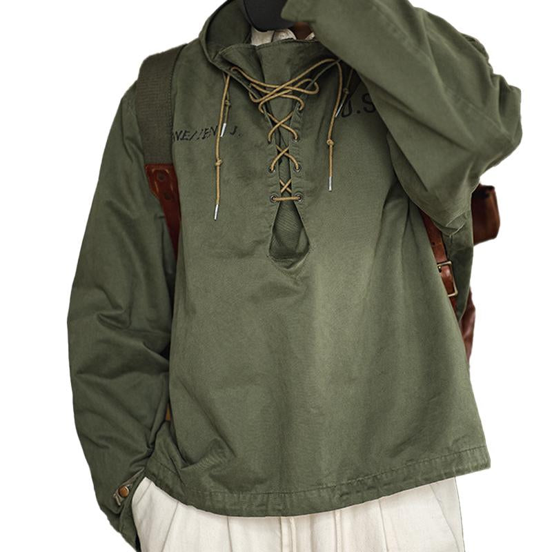 Men'S Vintage Solid Color Strap Cargo Hooded Sweatshirt 87330442Y