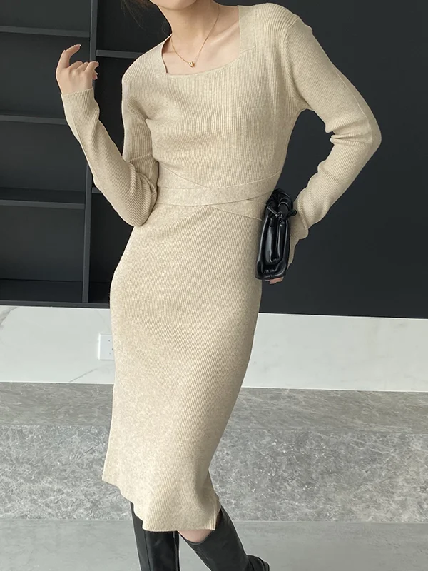 Simple Skinny Long Sleeves Solid Color Square-Neck Sweater Dresses
