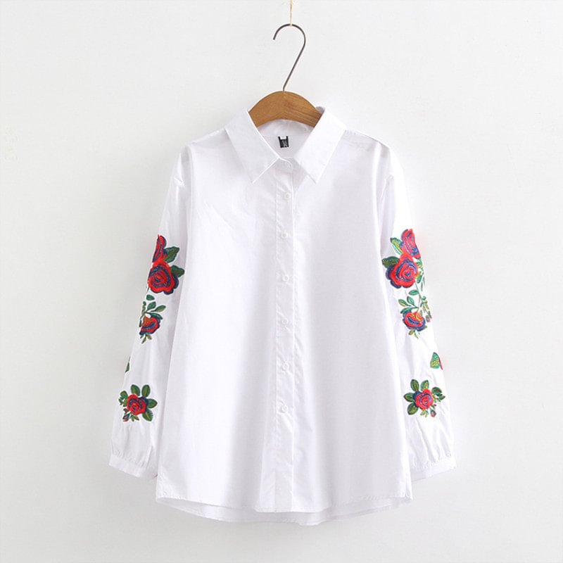 Striped Shirt Women's Sleeve 2021 Spring Flower Embroidered Blouse