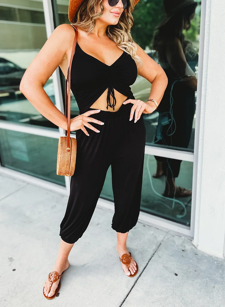 Drawstring Bow V-Neck Casual Jumpsuit (Buy 2 Free Shippiing)