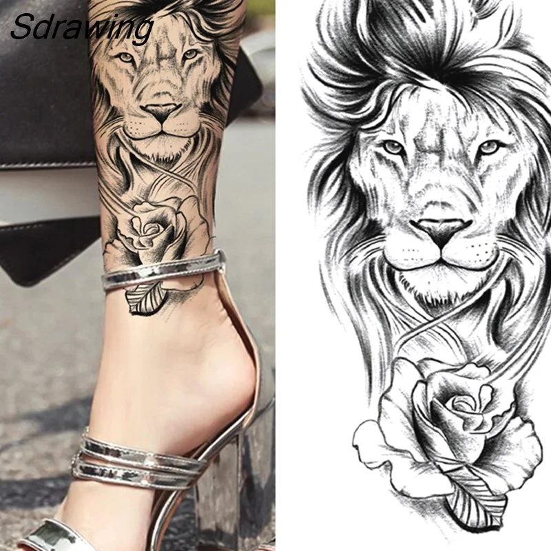 Sdrawing Tiger Temporary Tattoo For Men Women Fake Lion Half Sleeve Skull Tattoos Sticker Black Beast Flower Skeleton Tatoos Paste