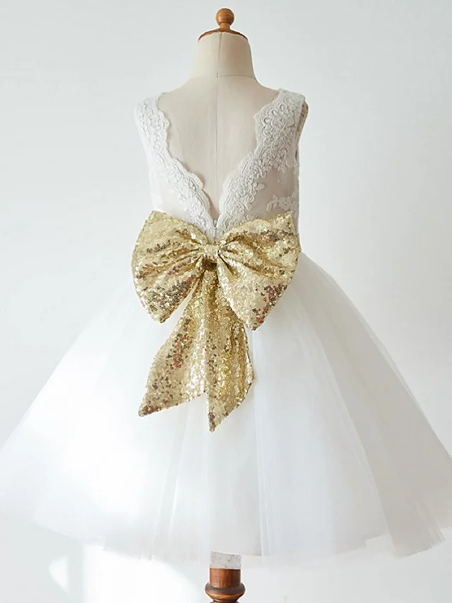 Hellodresses Sleeveless Jewel Neck Ball Gown Flower Girl Dress Knee Length Lace Tulle With Bow