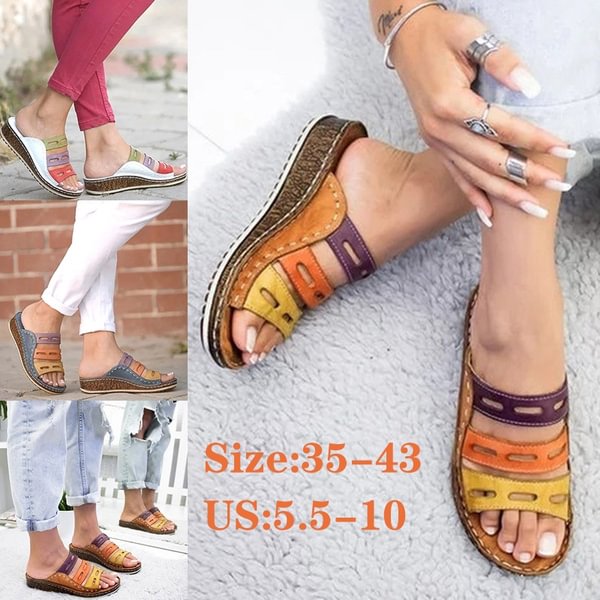 Women Summer Fashion Low Heels Sandals Open Toe Outdoor Slippers Slides Gladiator Wedge Slippers - BlackFridayBuys