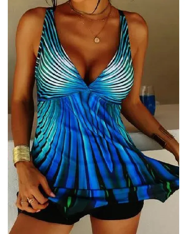 Split Print Casual Tank Top Swimsuit