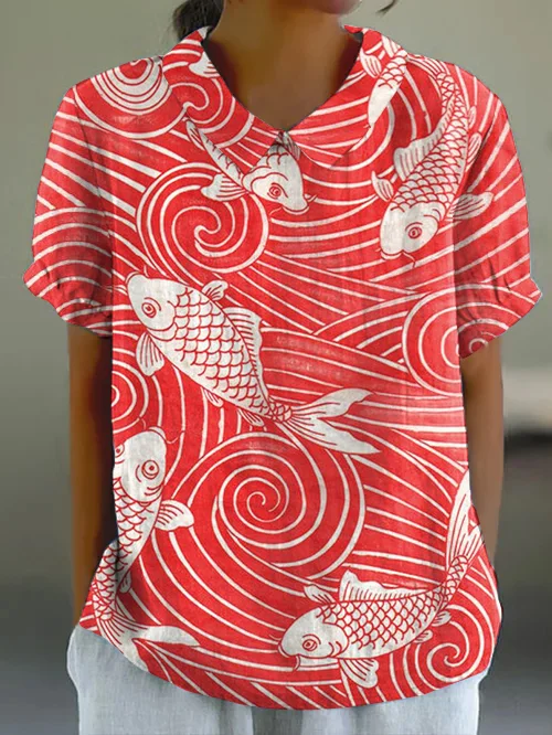 Retro Fish Art Print Lapel Short Sleeve Top