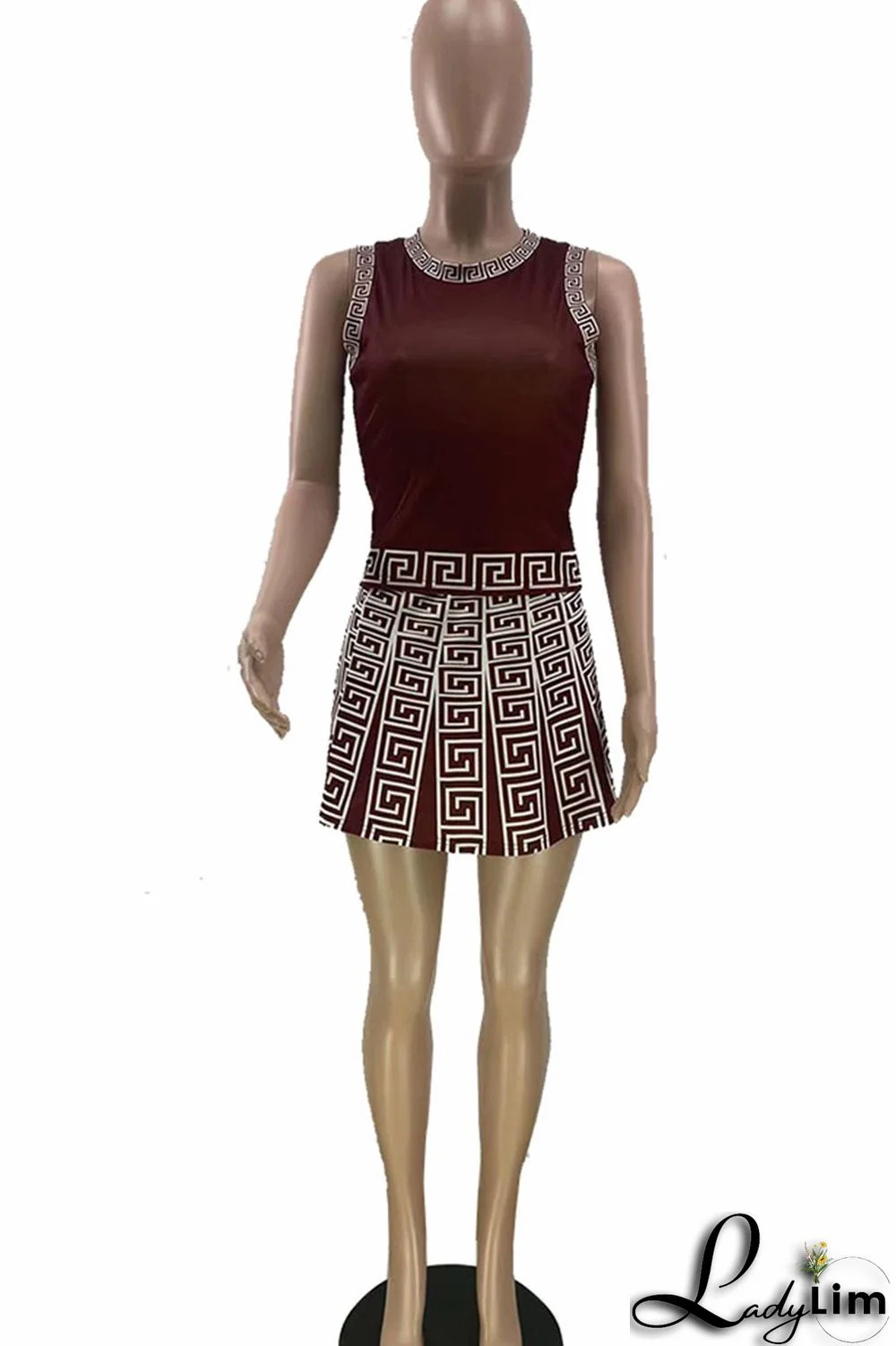 Brown Casual Print Patchwork O Neck Sleeveless Two Pieces