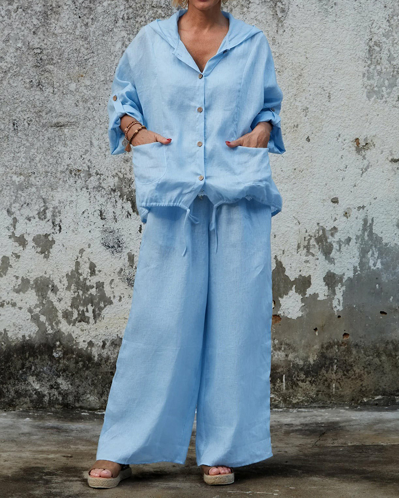 Button Up Drawstring Long Sleeve Hood Shirt & Wide Leg Pants Set