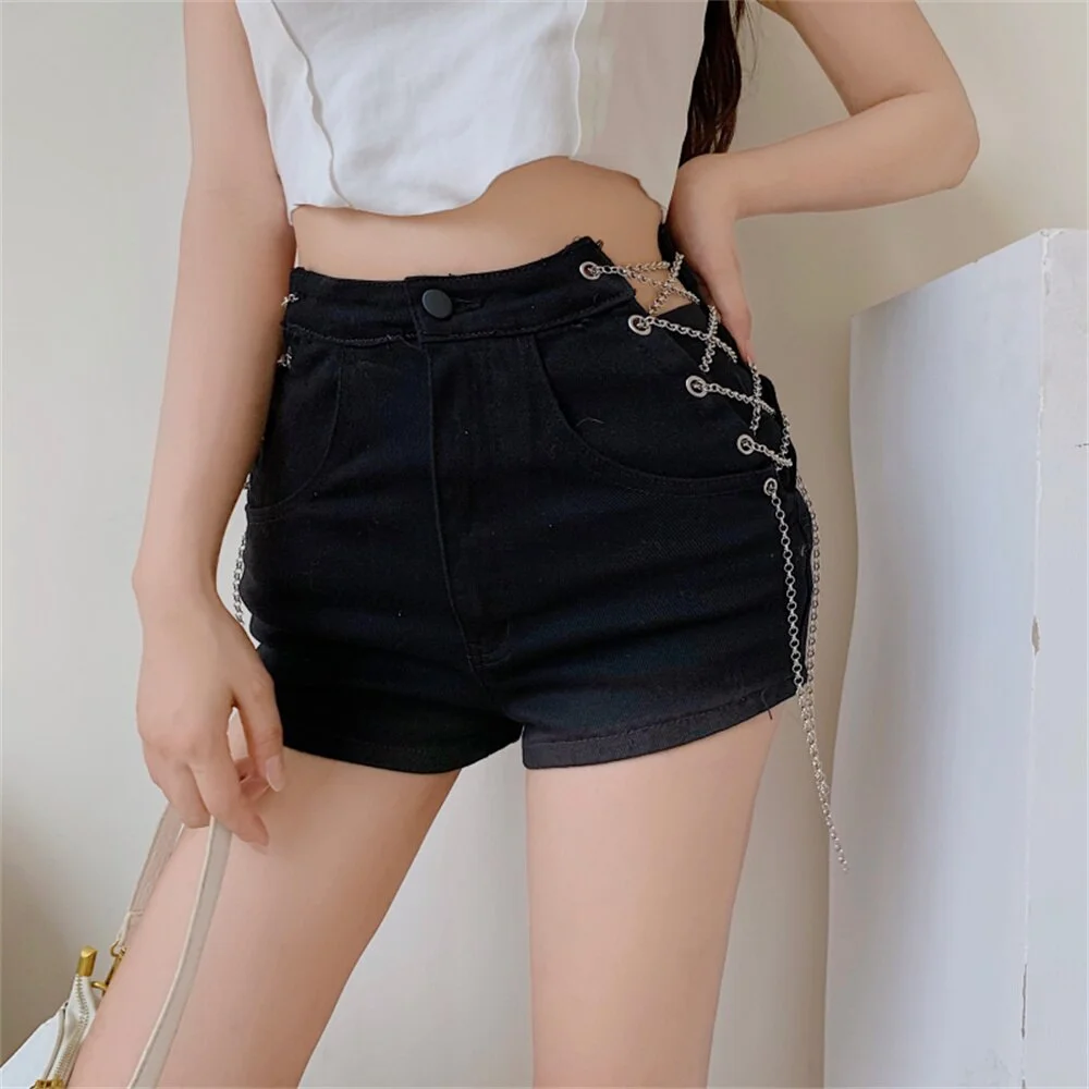 Jangj Alien Kitty Hot Women Chain Denim Elastic Shorts XS-L Slim New Fashion 2022 Summer OL High Waist Streetwear Sexy Short Jeans