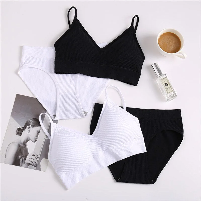 FINETOO Women Padded Bra Panties Set Soft Backless Tops Wireless Bras Set Seamless Underwear Women Lingerie Set Fitness Top S-XL