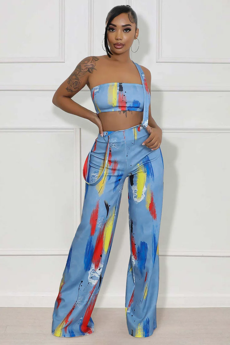 Brush Print Crop Tube Top Wide Leg Overalls 2pcs Set-Blue [Pre Order]
