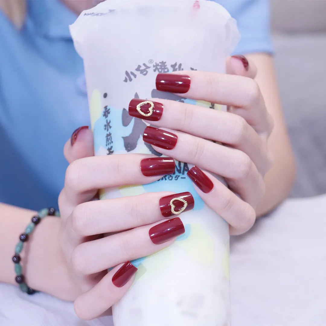 24pcs/Set Gorgeous Wine Red False Nails With Glue Middle Long Round Head Full Nail Tips Finished Fake Nail artificial nails-Nail Inspo