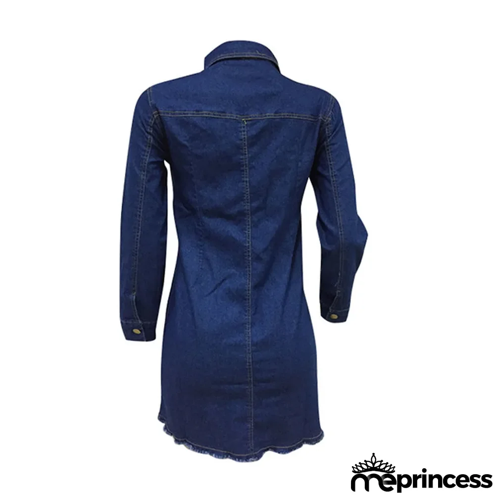 Blue Casual Long Sleeves Turndown Collar Hip skirt Mini Casual Dresses