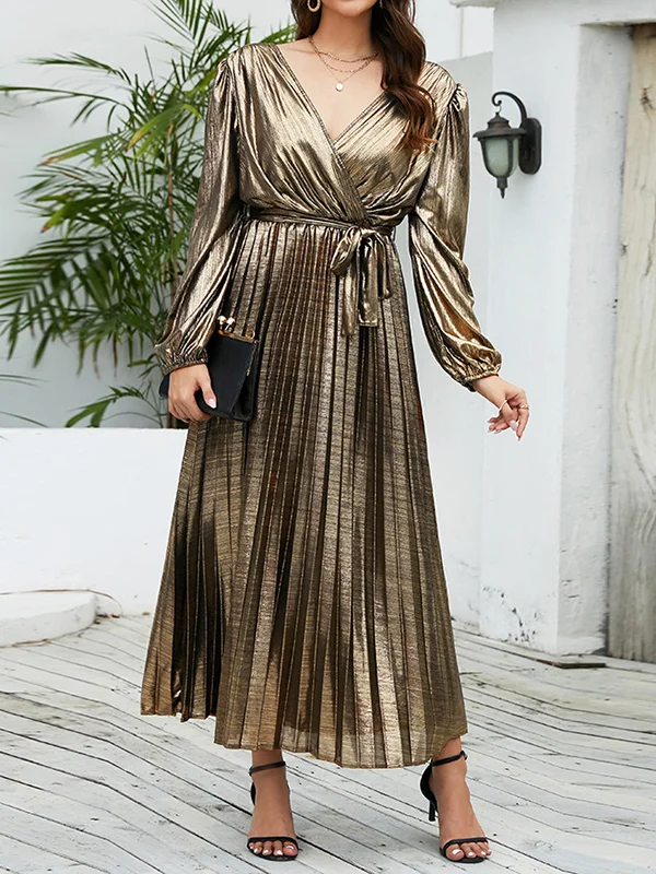 Tied Waist Solid Color Pleated Elasticity Bronzing Puff Sleeves Loose V-Neck Midi Dresses
