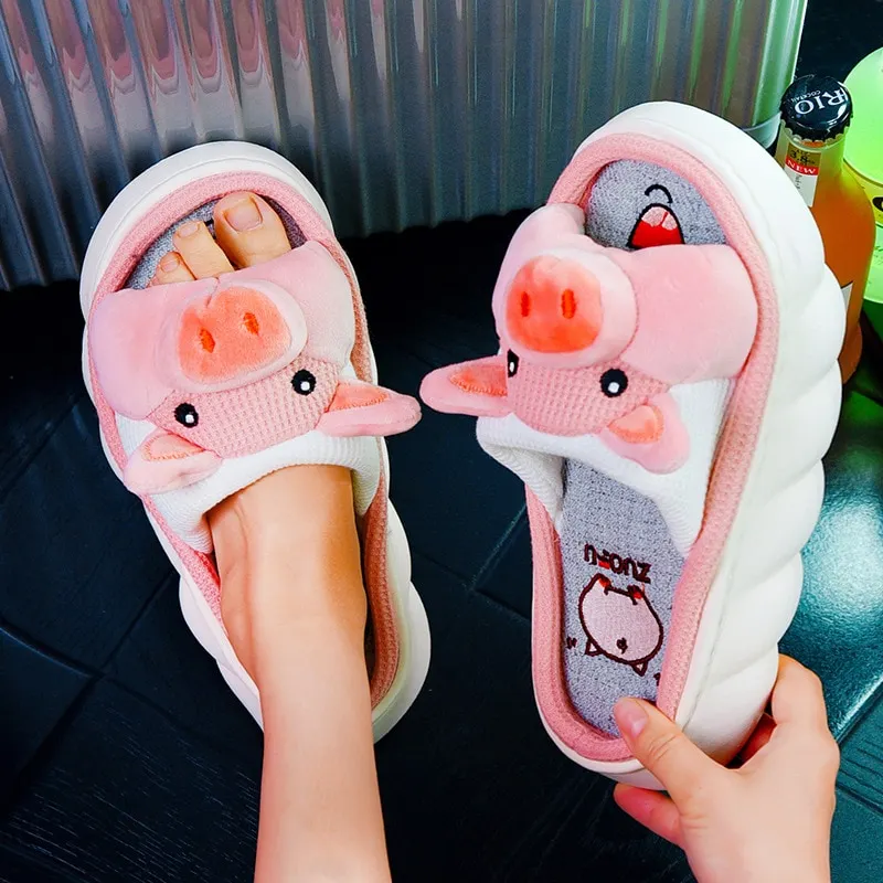 Yyvonne New Fashion Linen Slippers Women Cute Squirrel Home Platform Slippers Comfort Cartoon Couple Ladies Slides Free Shipping