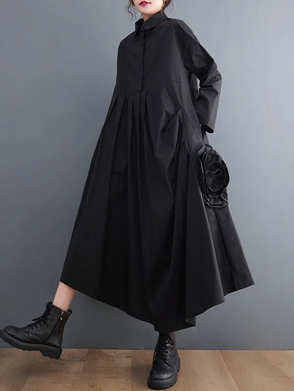 Urban Floral Applique Pleated Long Sleeves Shirt Dress Midi Dress