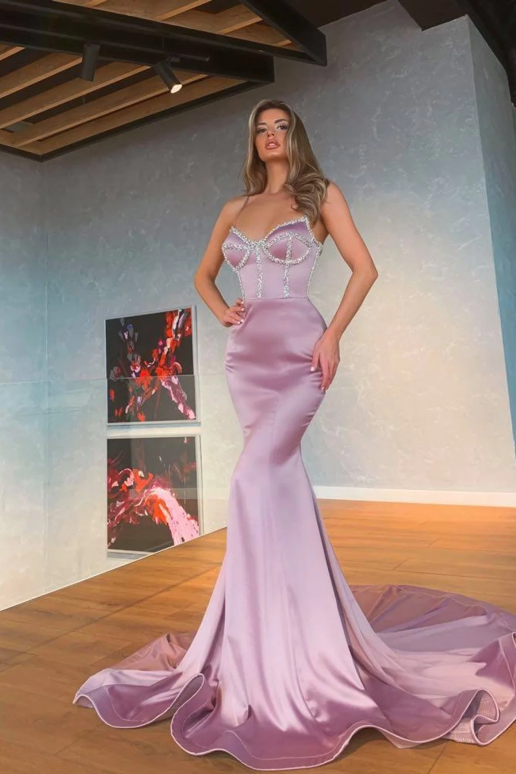 Daisda Light Purple Mermaid Spaghetti-Straps Prom Dress With Sequins