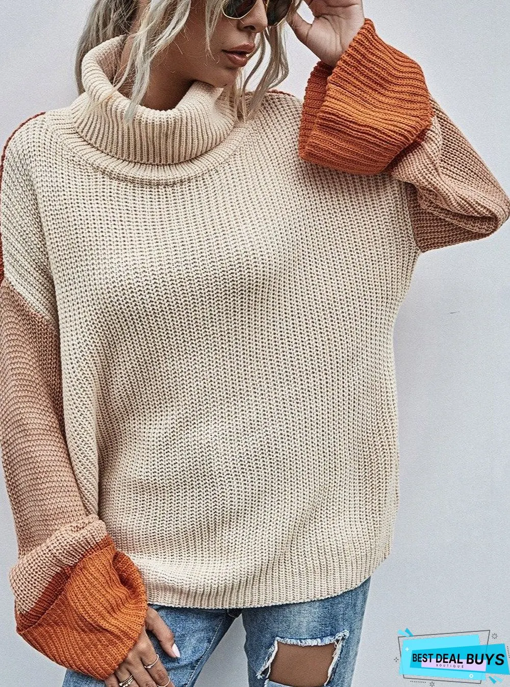 Women Fall/Winter New Style Lapel Contrast Color Pullover Sweater