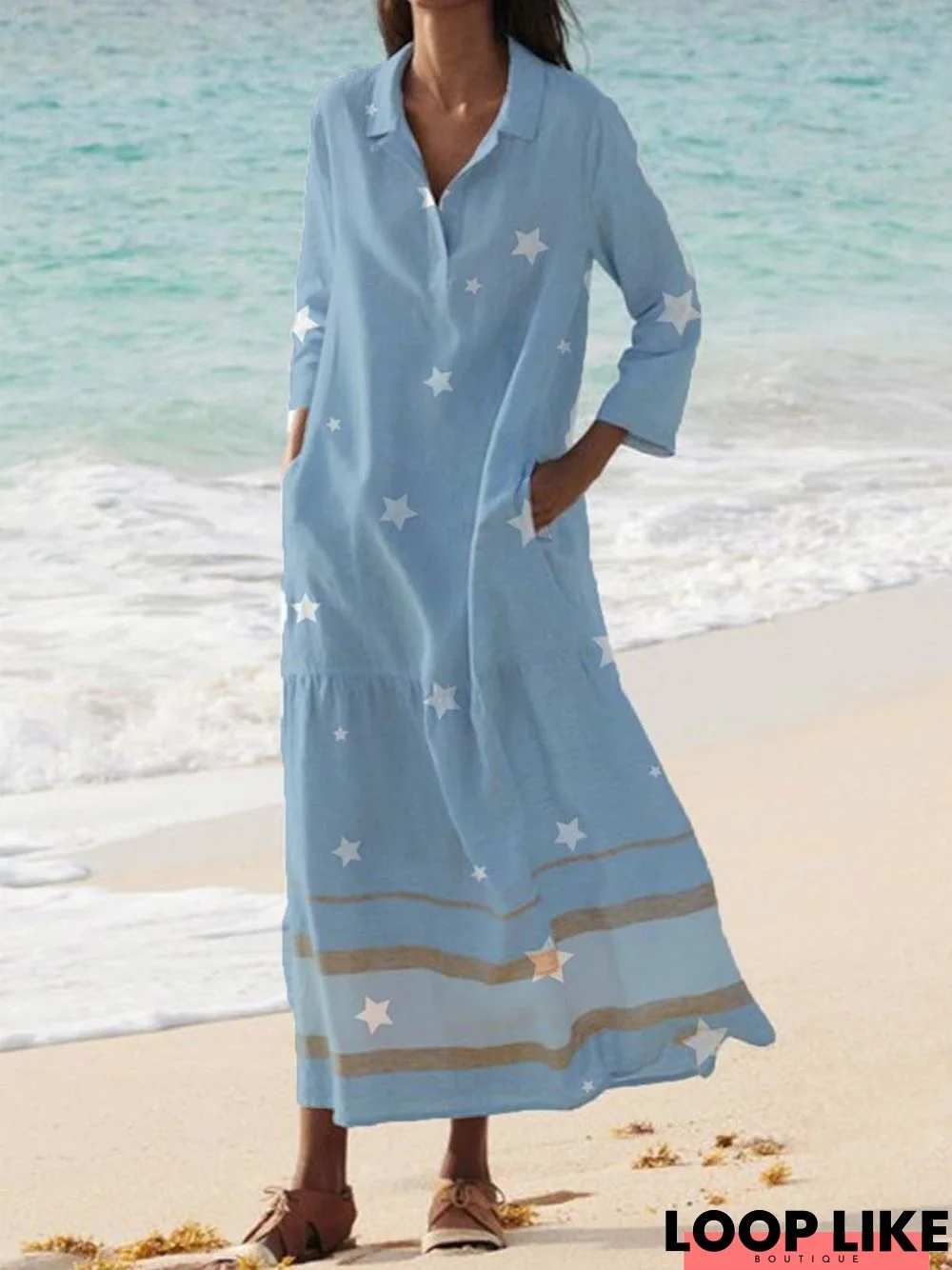 Blue V Neck 3/4 Sleeve Casual Weaving Dress