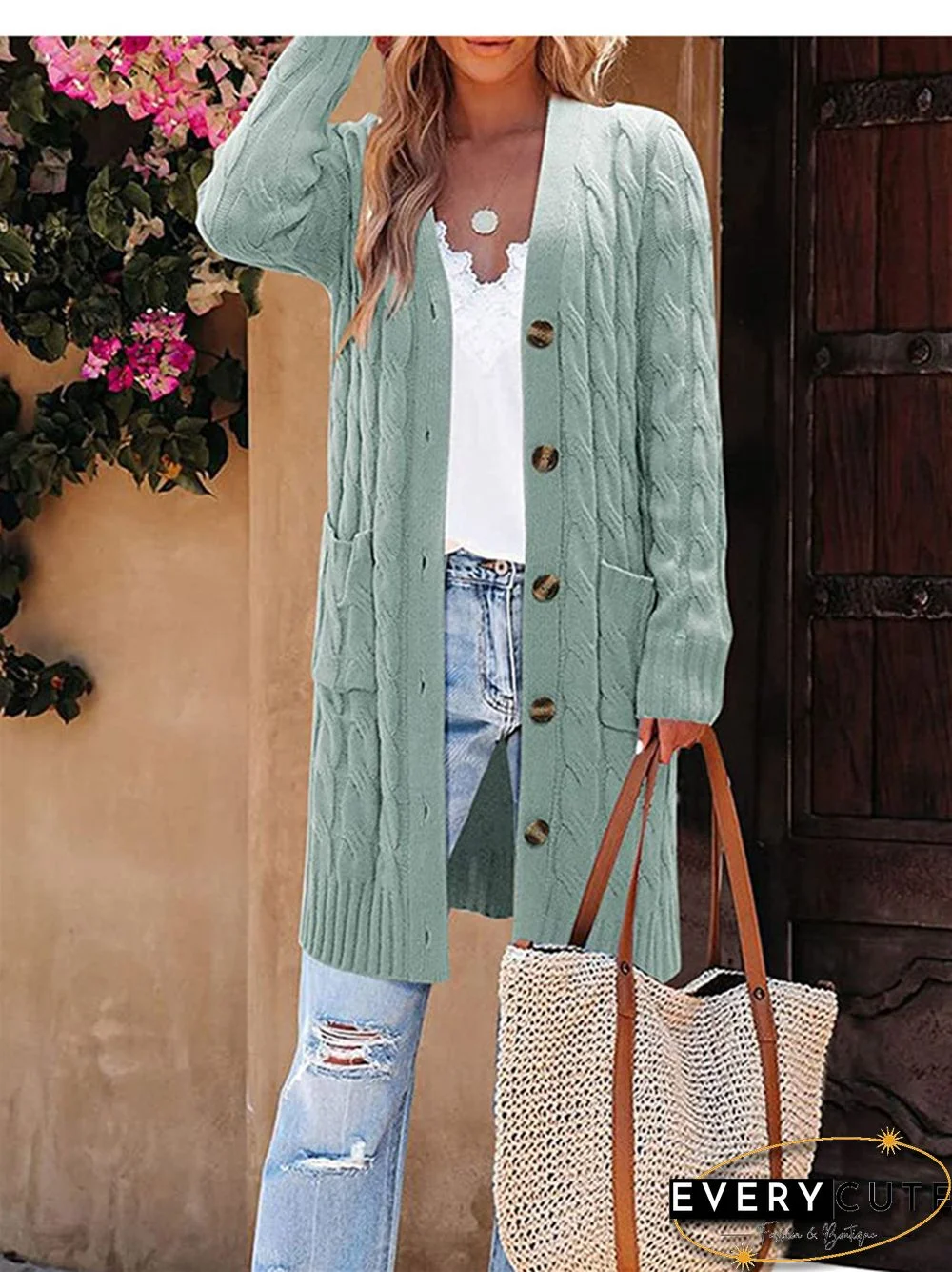 V-neck Single Breasted Pocket Solid Color Knitted Long Sweater