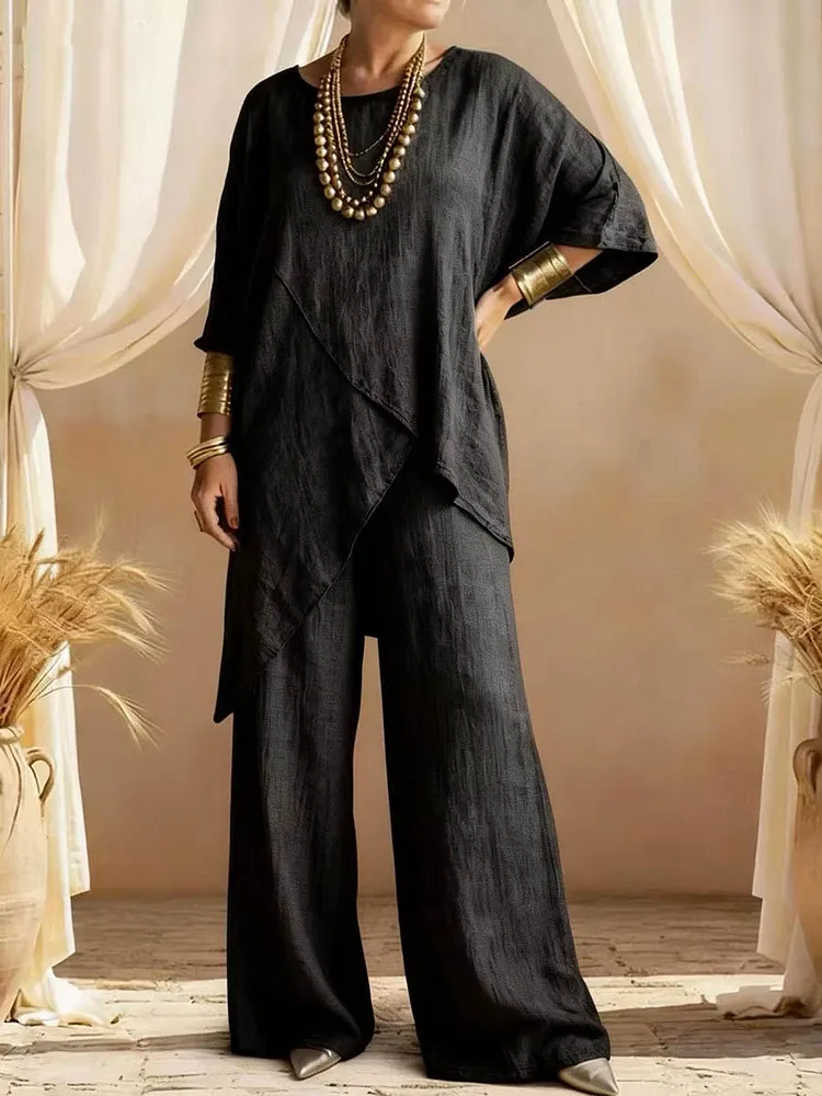 Asymmetric Solid Color Loose Plus Size Round-neck Blouses&shirts Tops + Pants Two Pieces Set