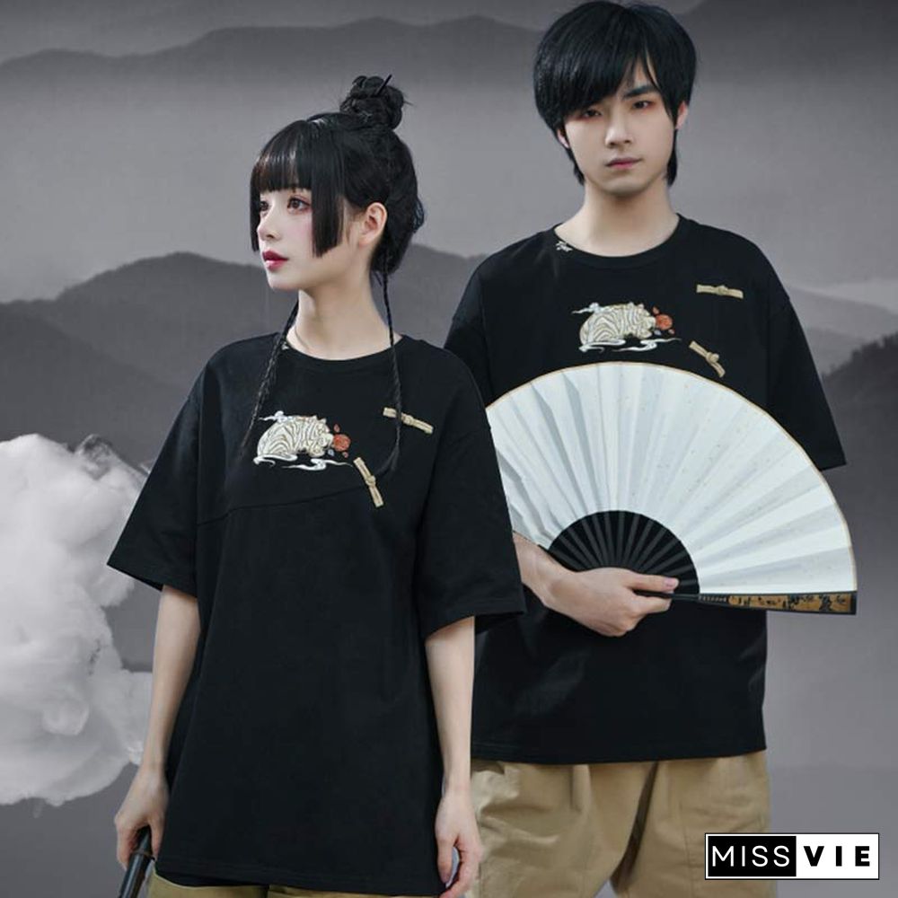 Vintage Embroidery Buckle Tasesel Vest Loose T-Shirt Dress