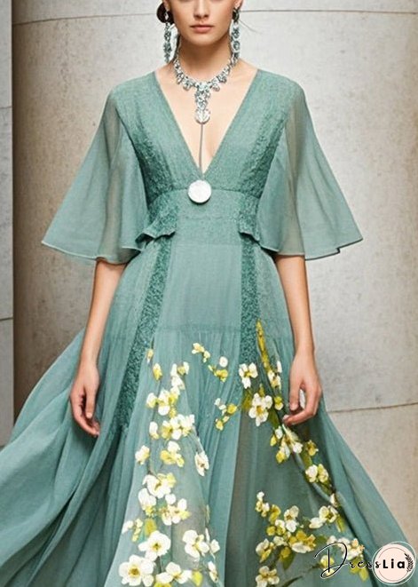 Stylish Green Cinched Print Chiffon Robe Dresses Summer